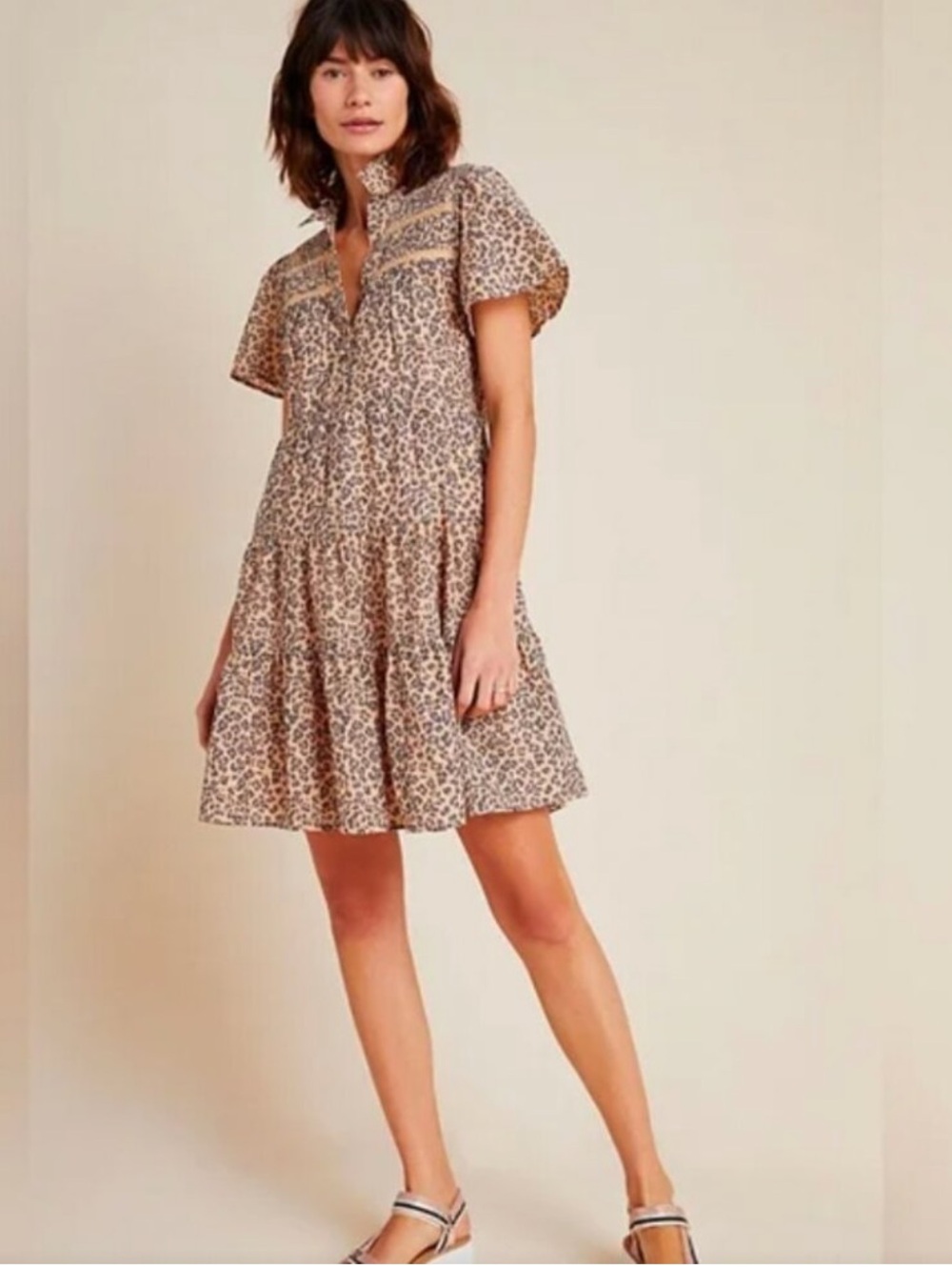 Anthropologie Georgina Tiered Shirtdress in Leopard Print Lace with Pockets